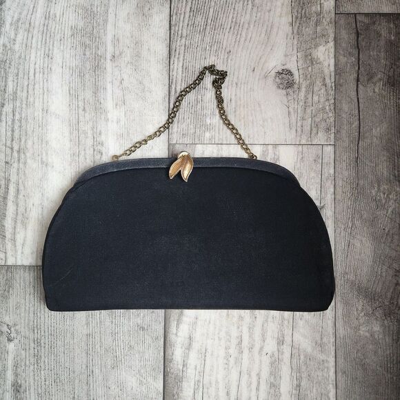 Handbags - Vintage Women's Black Evening Bag Clutch Purse Gold Tone Clasp Chain